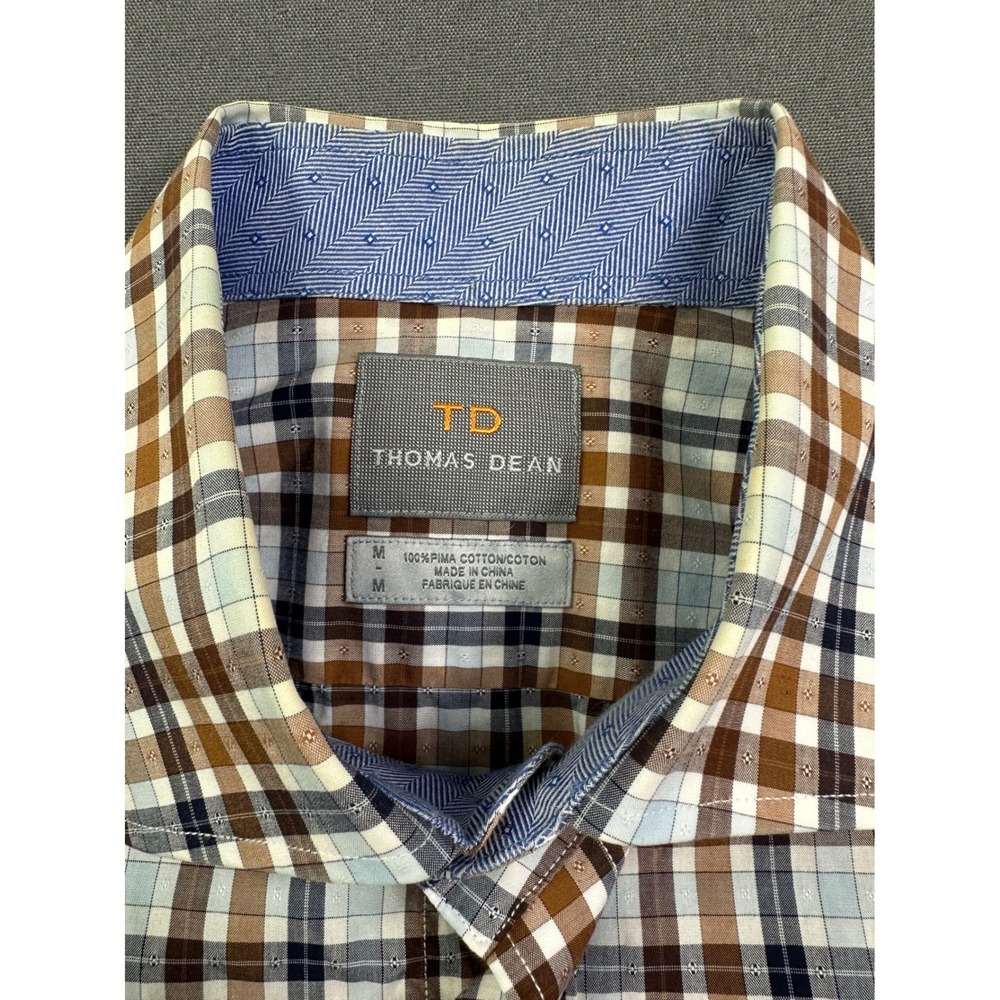 TD Thomas Dean Men's Pima Cotton Plaid Dobby Button Down Shirt Brown Blue Medium